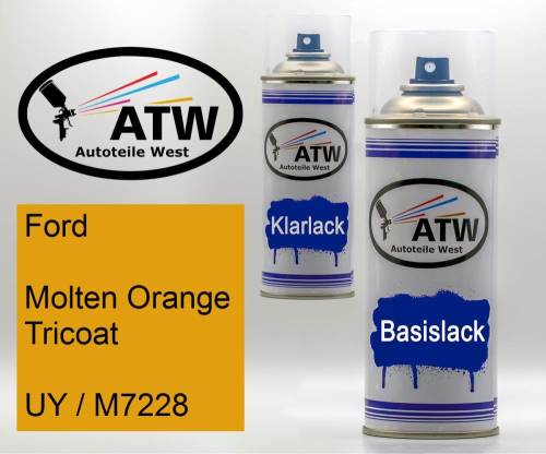 Ford, Molten Orange Tricoat, UY / M7228: 400ml Sprühdose + 400ml Klarlack - Set, von ATW Autoteile West.